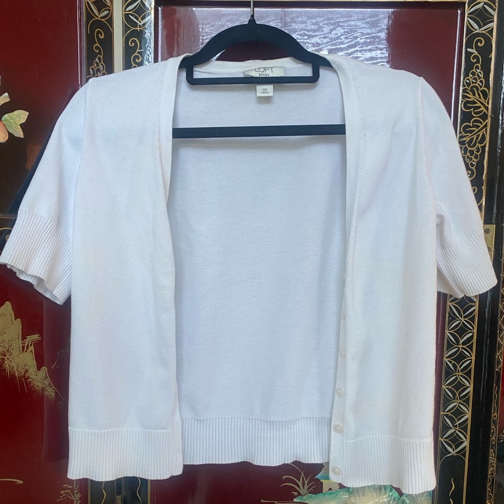 Ann Taylor LOFT Petites White Short-Sleeve Cardigan, Size MP
